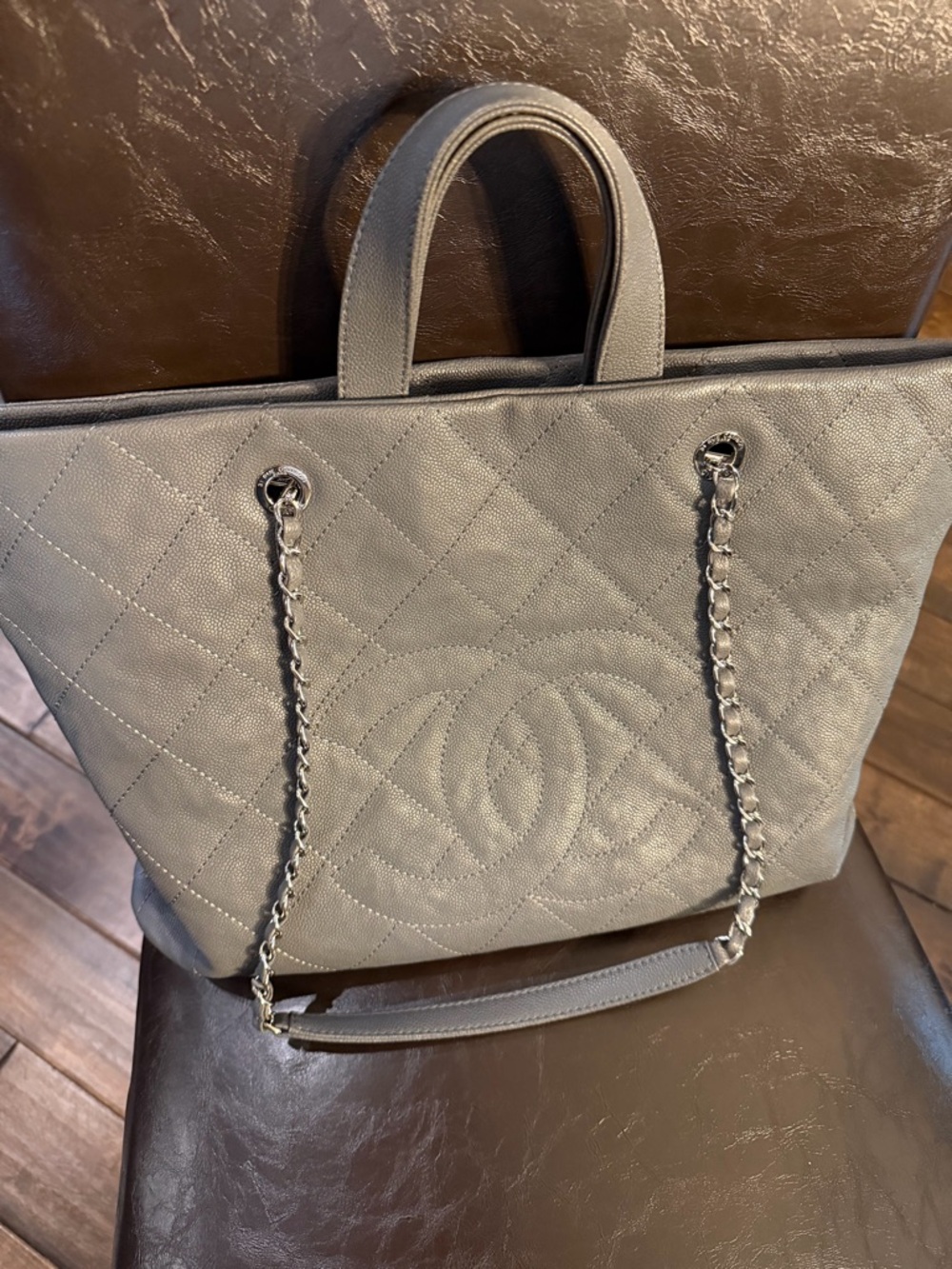 CHANEL Gray Quilted Caviar Leather Tote with Chain Straps - Picture 10 of 12